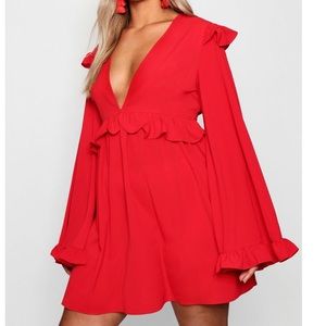 Boohoo Plus V-Neck Ruffle Bell Sleeve Dress